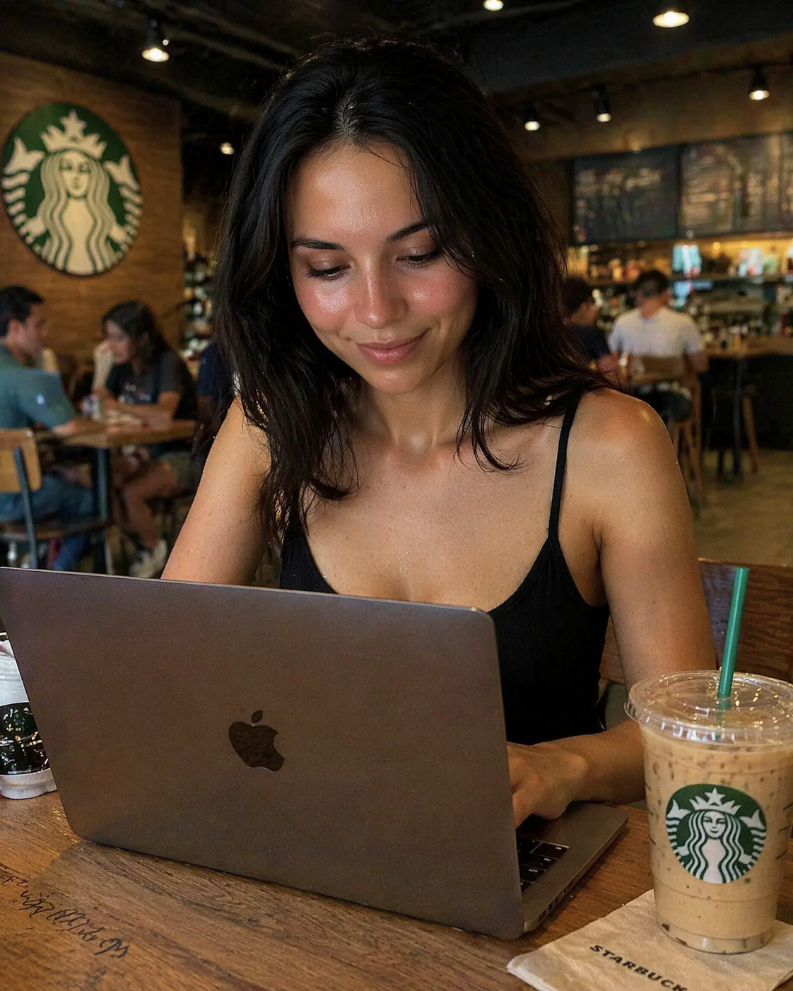 Mia writing at a coffee shop
